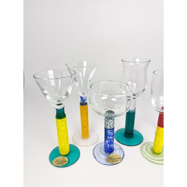 Vintage multi colour art glass cordials - colourful hand blown shot glasses made in the Czech Republic. Marked Nouveau...