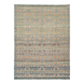 Vintage-Inspired Khotan Geometric Wool Rug – Earthy Sage, Terracotta, and Navy For Sale