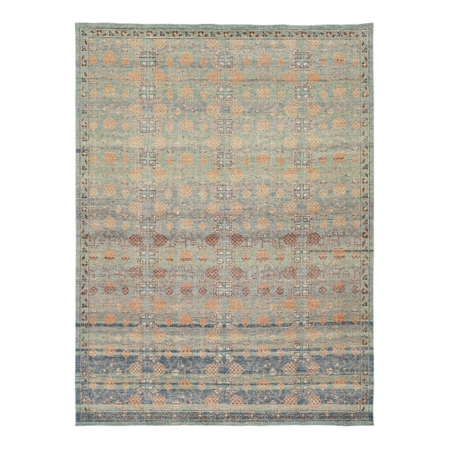 Vintage-Inspired Khotan Geometric Wool Rug – Earthy Sage, Terracotta, and Navy For Sale