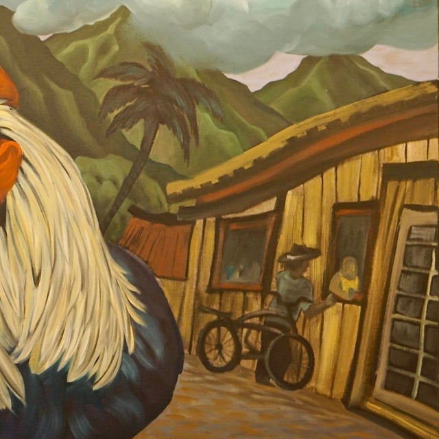 2020s Marc Zimmerman "Make My Day" Oil Painting, Oversized Rooster in Village Street, Bold Scale, Cubist Architecture, Contemporary Art West Coast For Sale - Image 5 of 8