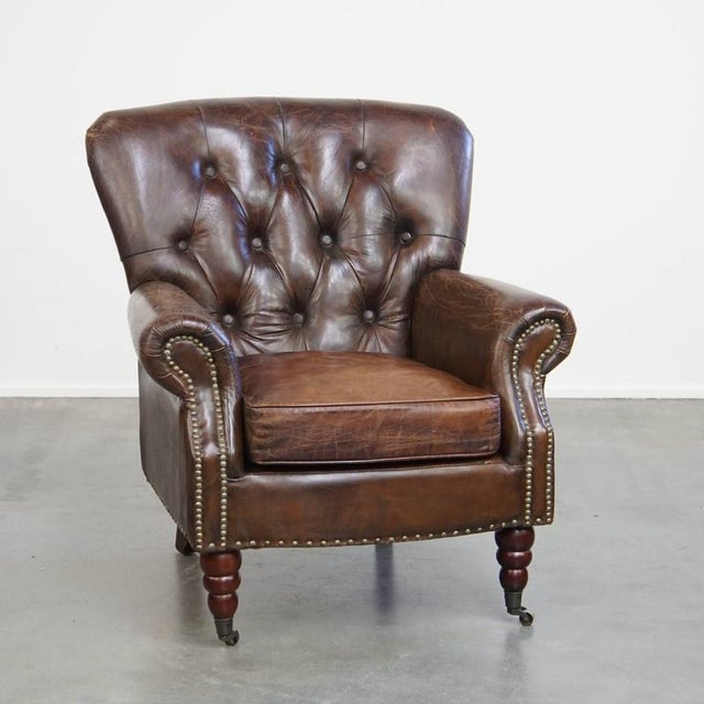 Cognac Colored Brown Chesterfield Armchair For Sale - Image 14 of 14