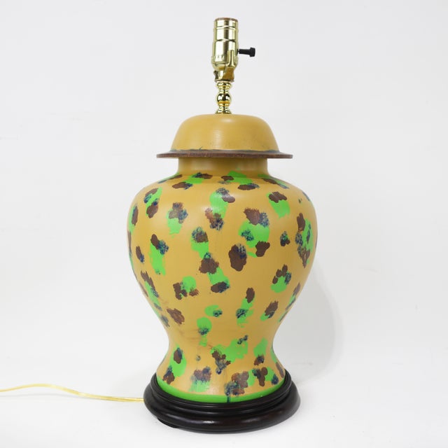 Pair of Hand-Painted Spotted Yellow Ceramic Table Lamps For Sale - Image 4 of 12