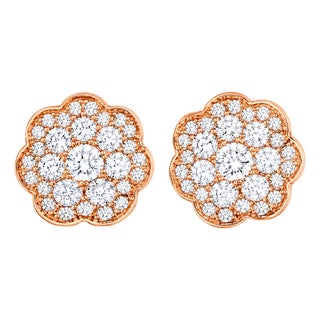 Late 20th Century 14K Pink Rose Gold Diamond Flower Stud Earrings, Pair For Sale