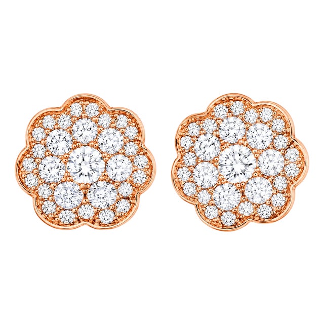 Late 20th Century 14K Pink Rose Gold Diamond Flower Stud Earrings, Pair For Sale