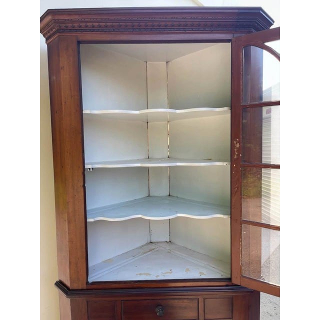 American Antique Corner Cabinet Cupboard Beautiful Federal Primitive Wavy Glass 1800’s For Sale - Image 3 of 10
