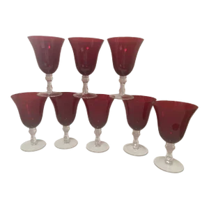 Mid 20th Century Ruby Red Clear Wine Water Glass Goblets- Christmas Set of 8