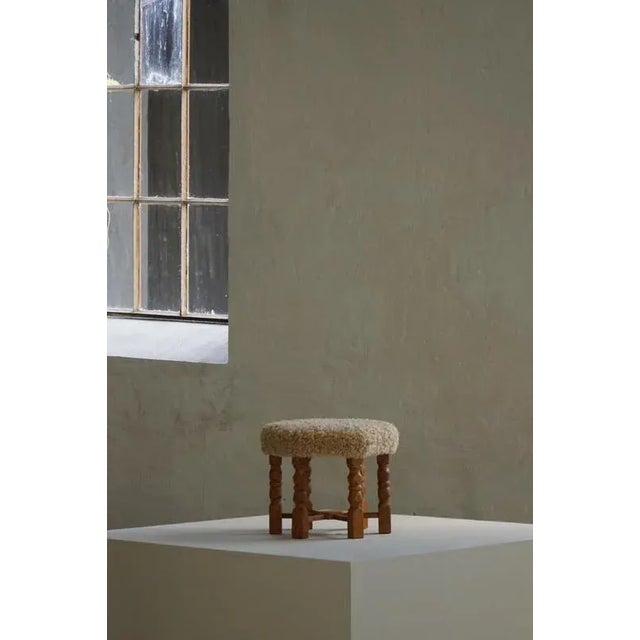 Mid-Century Modern Danish Hexagonal Oak Stool with Shearling Lambswool, 1950 For Sale - Image 4 of 11