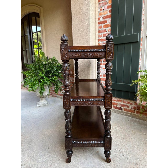 Brown Antique English Hotel Dumbwaiter Server Sideboard Trolley Carved Oak Renaissance For Sale - Image 8 of 12