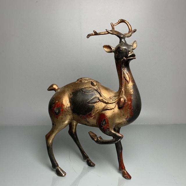 Vintage Gilt Bronze Deer Figure With Cinnabar Red Accents – "Path to Wealth" Sculpture For Sale - Image 4 of 9