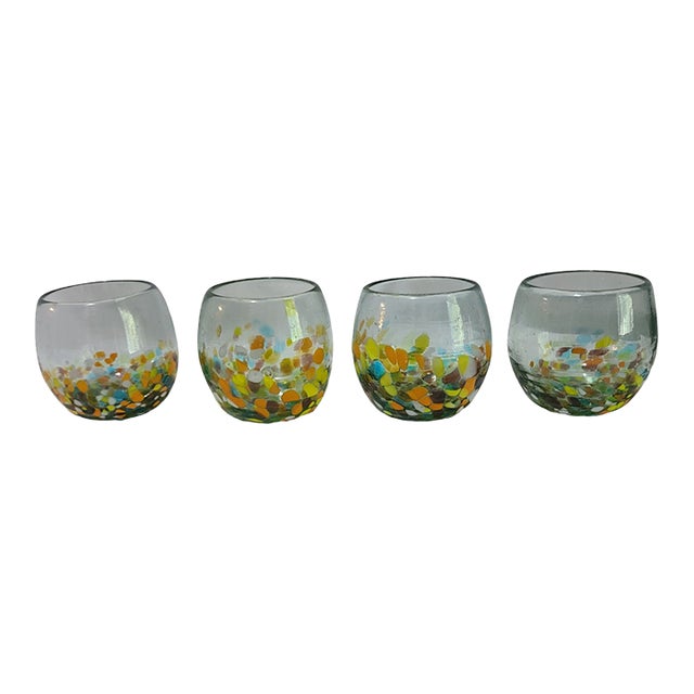 Late 20th Century Colorful Confetti Hand Blown Art Glass Lowball Glasses- Set of 4 For Sale