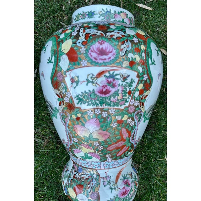 Ceramic Large Antique Chinese Famille Rose Porcelain Covered Vase With Foo Dog Finial For Sale - Image 7 of 12