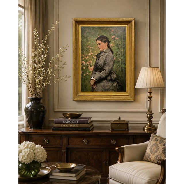 John Ferguson Weir-Portrait of Marion Eckford Harwood -19th Century Oil Painting For Sale - Image 13 of 13