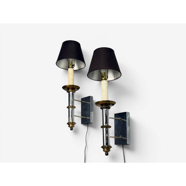 Tommi Parzinger, American Mid-Century Modern, Large Wall Sconces, Chromed Steel, Brass, Fabric, USA, 1950s Chrome Steel,...