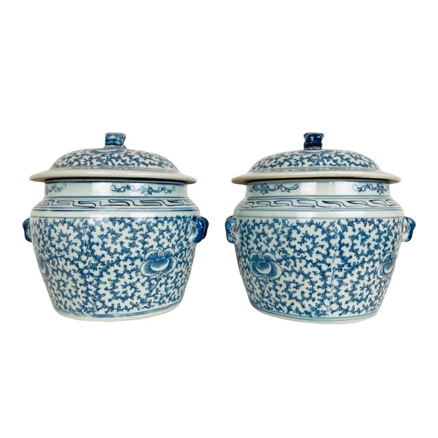 Pair of Mid 20th Century Blue & White Porcelain Chinese Rice Pots For Sale
