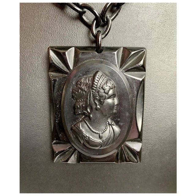 Black 1940s Black Celluloid Cameo Necklace For Sale - Image 8 of 9