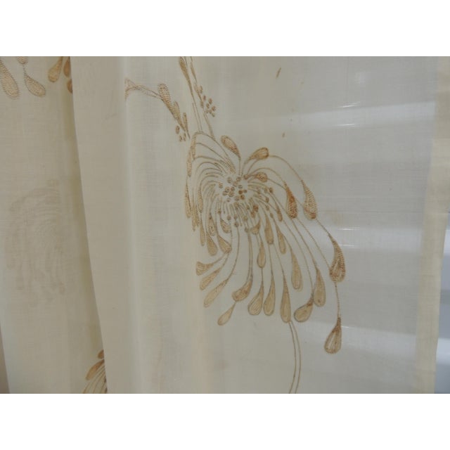 Pair of Sheer Embroidered Ecru color curtain panels, Suzani style embroidery tone-on-tone color. Floral pattern throughout...