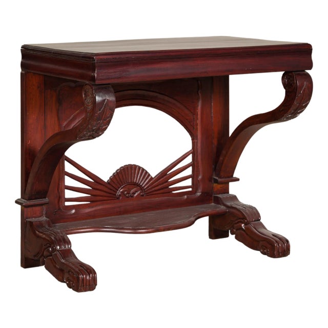 Antique Dutch Colonial Teak Pier Console Table with Carved Details and Sunburst For Sale