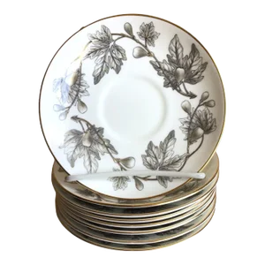 Vintage Wedgwood Bone China England Ashford Gray Fig Gold Gilded Saucer Plates- Set of 8