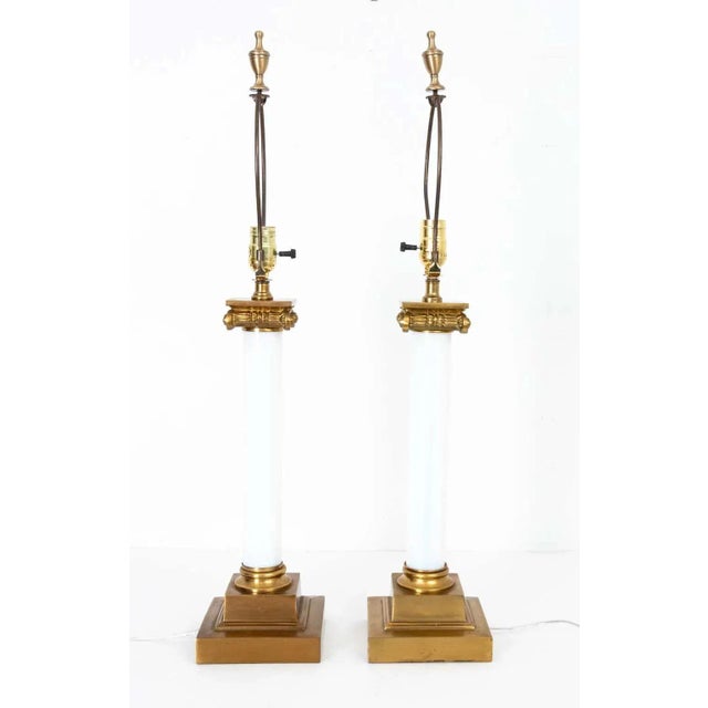 Neoclassical Pair of Brass and White Opaline Glass Lamps For Sale - Image 3 of 8