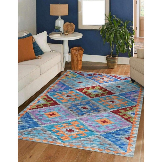5x8 Multicolor Flat Weave Wool Diamond Cross Geometric Modern Carpet Rug For Sale In New York - Image 6 of 6