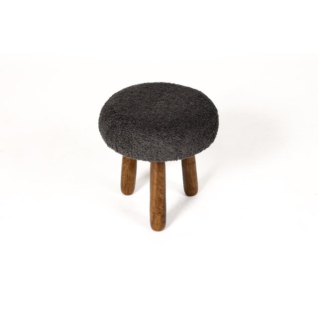 Mid-Century Modern Custom Awassi Tripod Ottoman Footstool — Turned Walnut Legs — Charcoal Gray Bouclé For Sale - Image 3 of 5