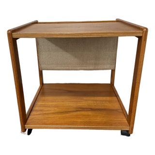 Mid-Century Modern Two-Tier Side Table With Magazine Rack | Wood & Cloth Sling For Sale