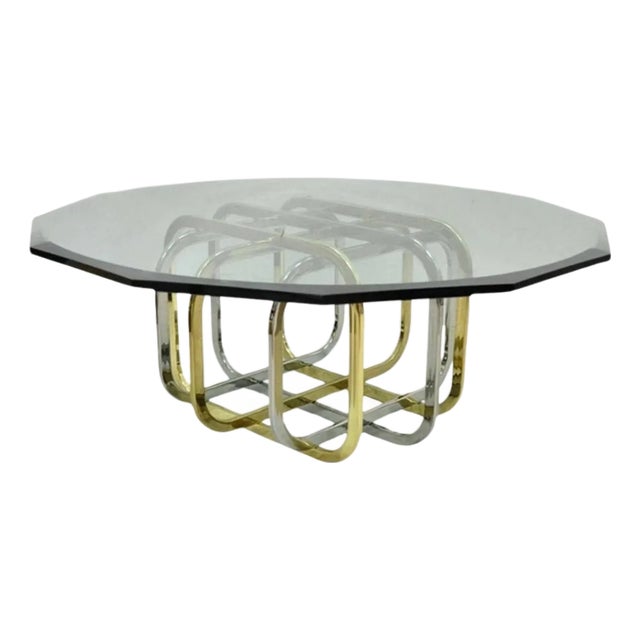 Mid Century Modern Pierre Cardin Style Brass & Chrome Glass Top Coffee Table For Sale