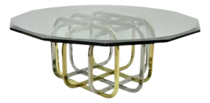 Mid Century Modern Pierre Cardin Style Brass & Chrome Glass Top Coffee Table
