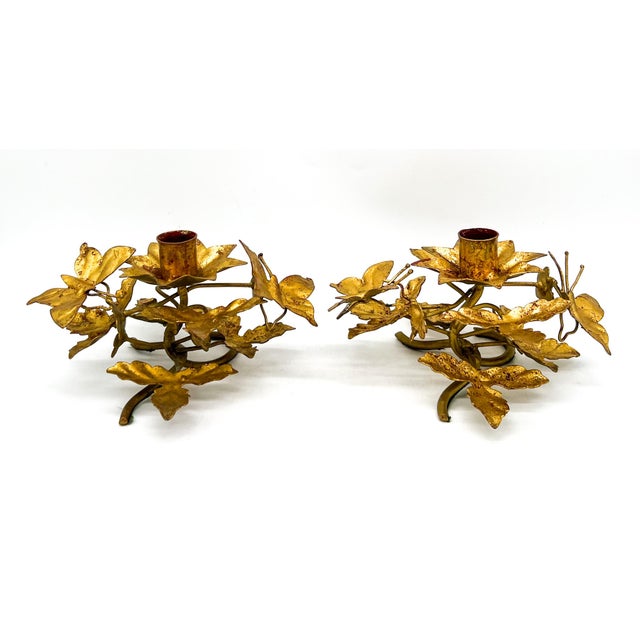 Vintage Italian Gold Gilt Tole Butterfly Candleholders, Pair, Hand-Formed Leaf & Vine Candlesticks - Hollywood Regency For Sale In Houston - Image 6 of 12
