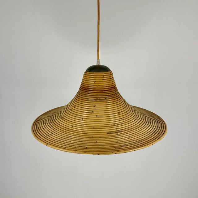 Mid-Century Vivai Del Sud Style Pencil Reed Trumpet Pendant Lamp / 60s Italy from Vivai Del Sud, 1970s For Sale - Image 3 of 7