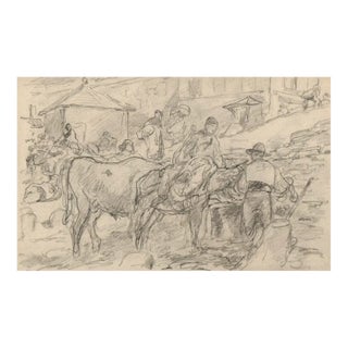 Walter Shirlaw Madrid Spanish Market Drawing For Sale