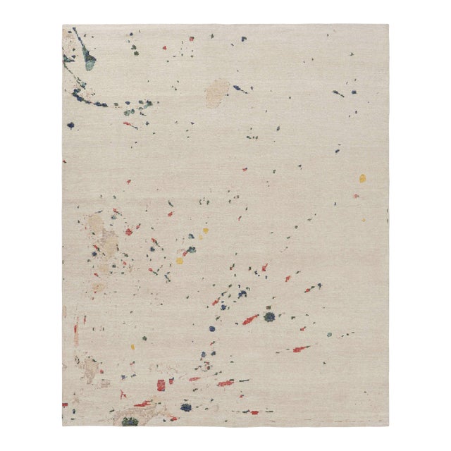 Rug & Kilim’s Modern Distressed Art Rug in White With Colorful Abstract Patterns For Sale