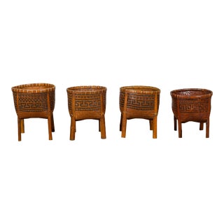 Mid 20th Century Woven Rattan Basket on Legs with Greek Key Motifs For Sale