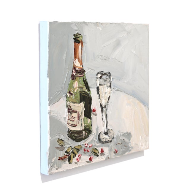 Contemporary Champagne Bottle, Glass, and Berries - Textured Still Life Oil Painting by Sally West For Sale - Image 3 of 9