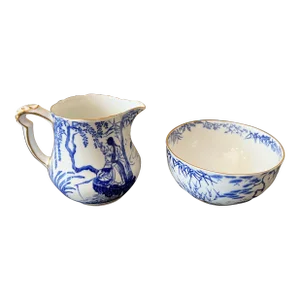 Antique Royal Crown Derby Blue Mikado Pattern Bone China Milk Jug Cream Creamer XIV Pot Open Sugar Bowl, Made in England