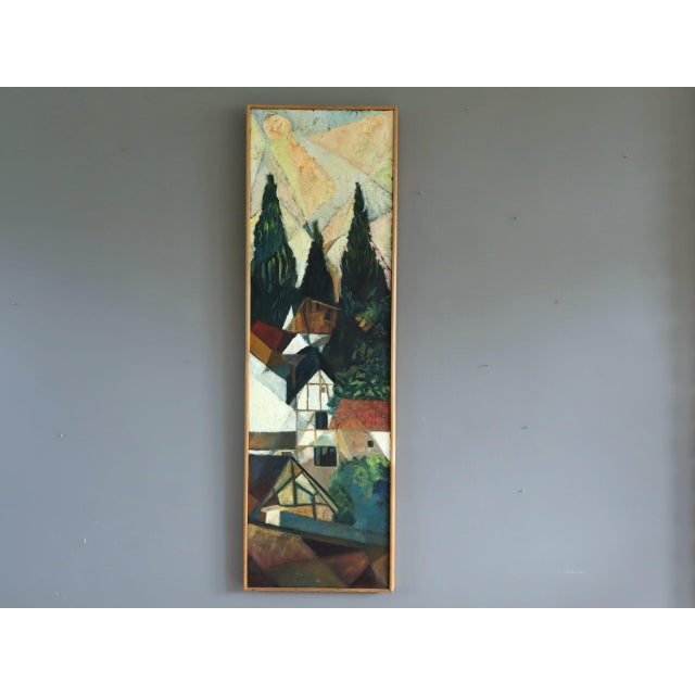 CUBIST HILLSIDE Size: 40.2 x 12.6 inches (including frame) Oil on canvas A striking cubist-style modernist composition...