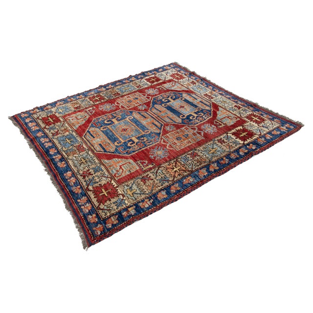 6 X 6 Modern Kazak Handmade Wool Rug in Red and Blue With Geometric Design For Sale In New York - Image 6 of 9
