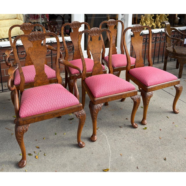 Queen Anne Set of 6 Antique 19c Queen Anne Style Carved Burl Walnut Dining Chairs For Sale - Image 3 of 5