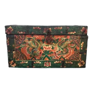 Antique Tibetan Painted Leather and Iron Chest or Trunk