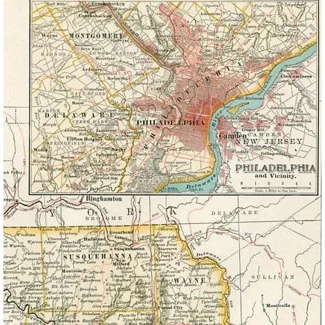 Antique state map of Pennsylvania (Eastern part) from a 1897 atlas. Highly detailed including cities, county boundaries,...