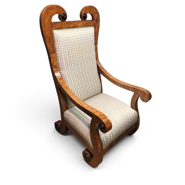 Pair of Tall-Back Biedermeier Armchairs with Floral Marquetry, circa 1830 An elegant pair of tall-back Biedermeier...