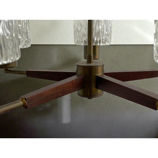 Brown Swedish Modern Teak, Brass and Art Glass Chandelier by Carl Fagerlund for Orrefors, 1960s For Sale - Image 8 of 10