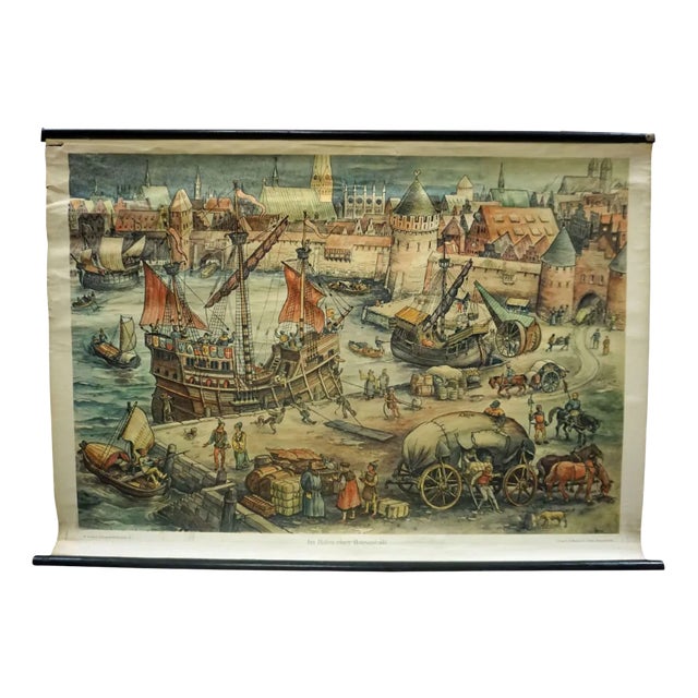Vintage Harbour of a Trade City Port Rollable Wall Chart For Sale