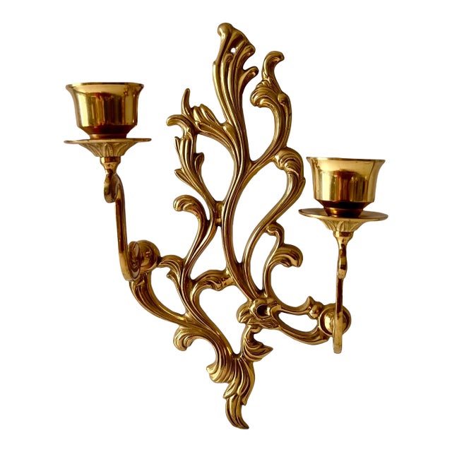 Vintage Lacquered Brass Botanical Leaf Scroll Two Arm Candlestick Wall Sconce For Sale