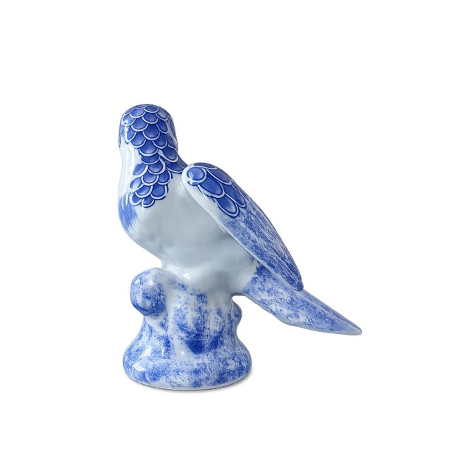 Chinoiserie Vintage Chinoiserie Blue & White Porcelain Parrot Figurine | Hand-Painted Bird Sculpture For Sale - Image 3 of 5