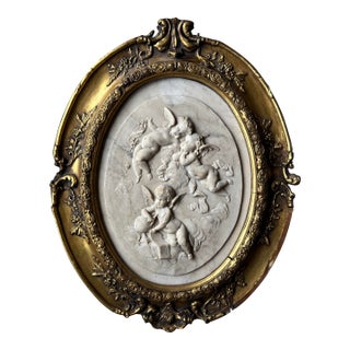 Antique Neoclassical Carved Marble Cherub Bas Relief in Ornate Gilt Oval Frame For Sale