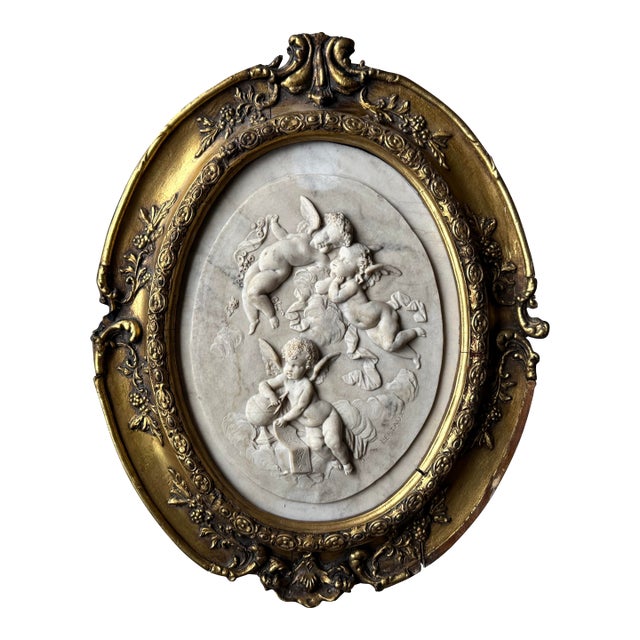 Antique Neoclassical Carved Marble Cherub Bas Relief in Ornate Gilt Oval Frame For Sale