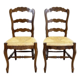 Vintage French Country Rush Seat Carved Wood Chair Pair For Sale