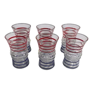 Vintage 4 Oz Tumblers With Red, White, and Blue Bands - Set of 6