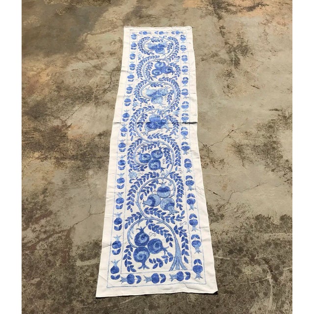 Decorative table runner, Suzani wall hanging, perfect colors and patterns. White and blue, pomegranate and wheat design...